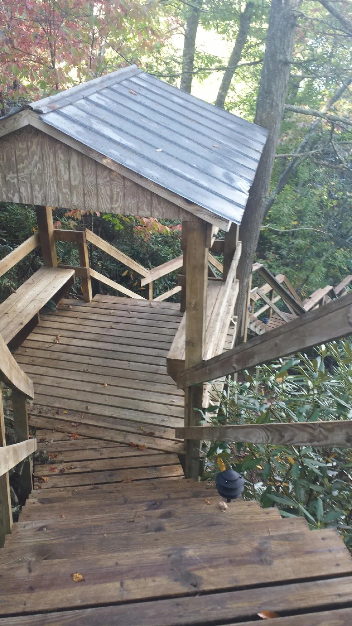 Metal roofed shelter over wooden steps on a wooded walkway — Skylight Repair & Installation work by our crew in Shady Valley